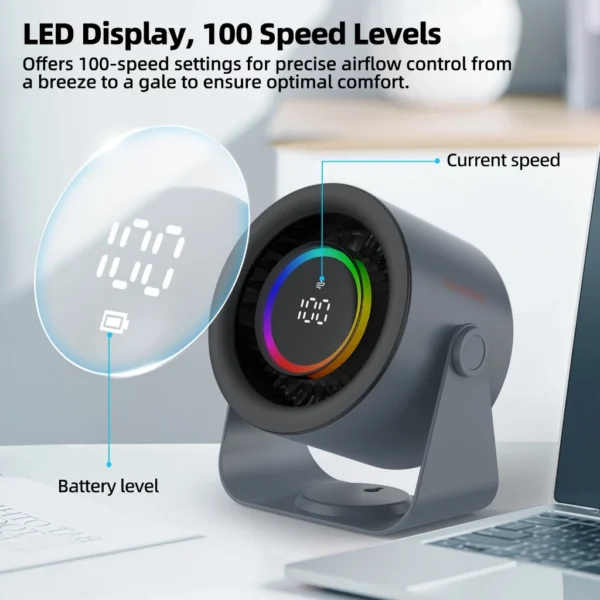 GOOJODOQ 100レベル可変速USBデスクファン静かな動作循環式充電式テーブルファン