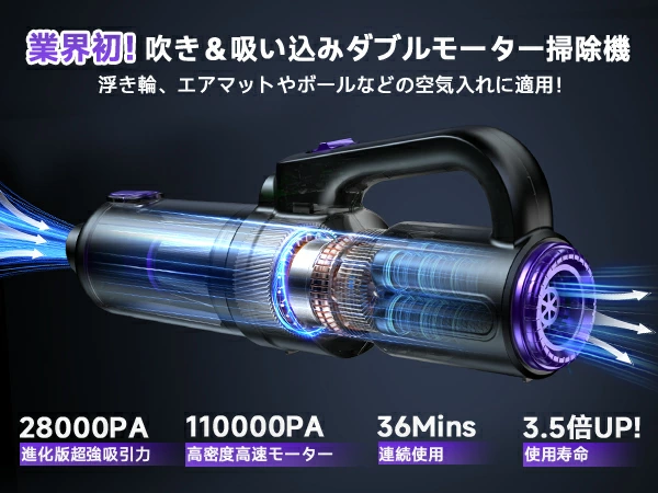 掃除機 コードレス【★28000pa超強力吸引!P5倍 超軽量! 2026改良進化モデル!吹き飛ぶ/吸い込む/空気入れ!】 36分連続稼働 0.6kg Type-C充電式 6WAY LEDライト付 布団用ブラシ付 浮き輪やエアマット対応 HEPA多重濾過ハンディークリーナー ワンタッチゴミ捨て 省エネ3年保証