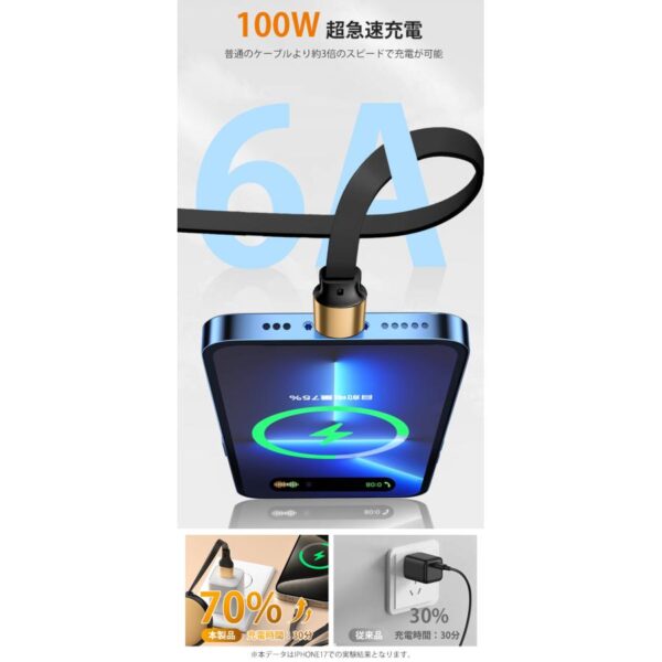 充電ケーブル 3in1 急速 PD100W TypeC USB変換プラグ付 巻き取り式 急速 タイプcケーブル マルチケーブル 6A 超p祭